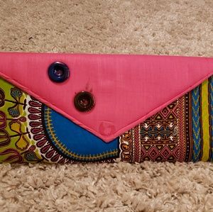 Pink and green dashiki clutch
